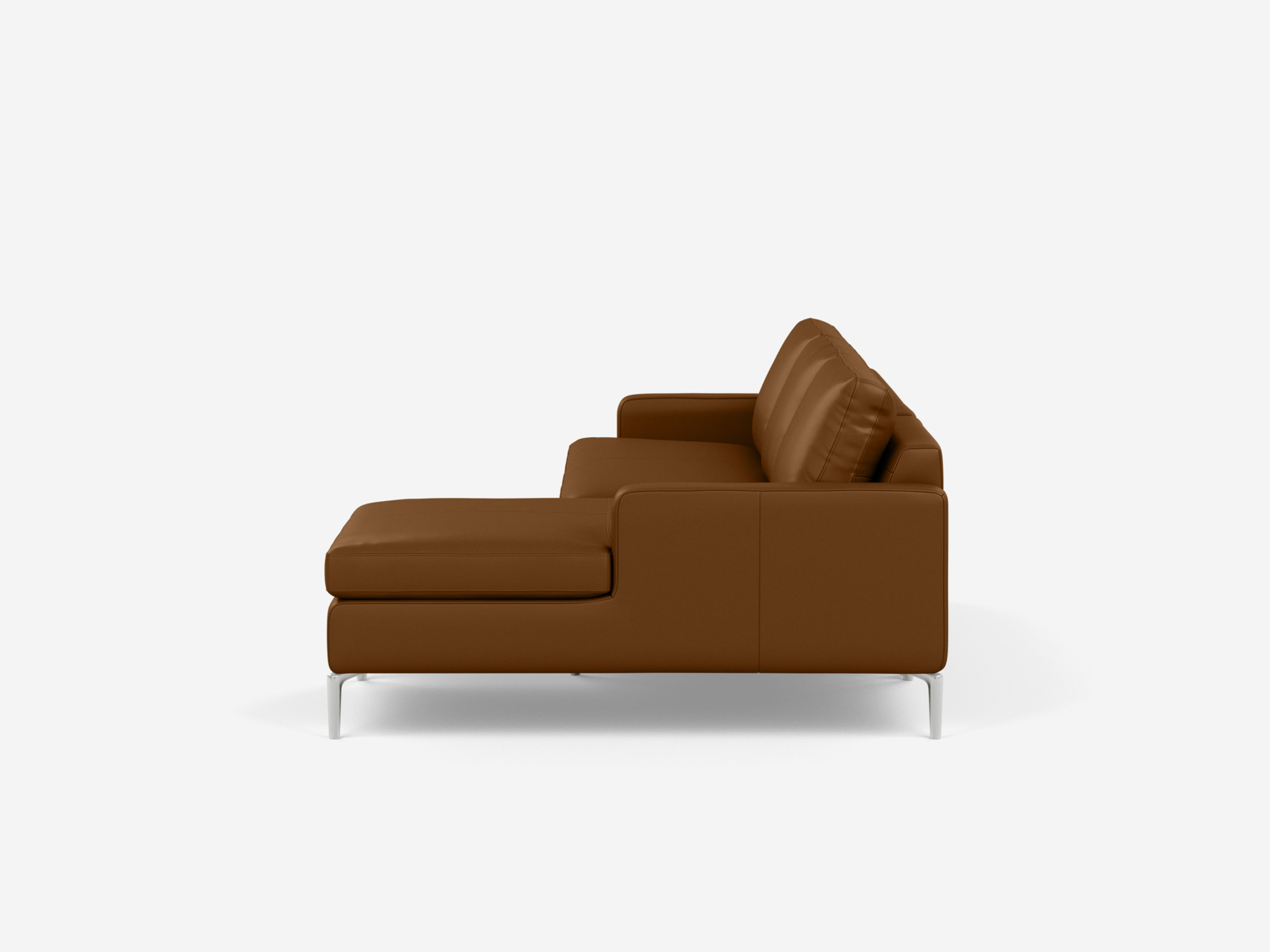 Side view of the Eve mid century sectional in brown leather with right chaise